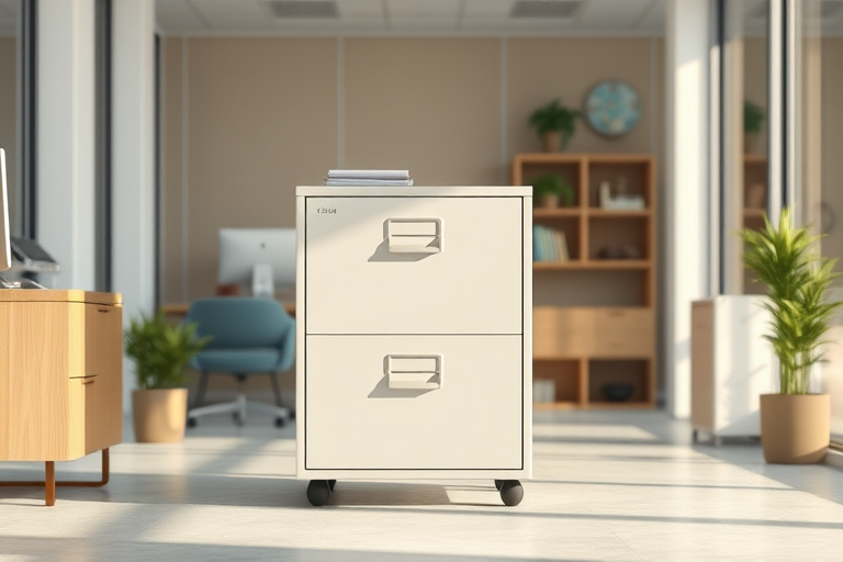 Create a high-resolution illustration of a two-drawer filing cabinet in a modern office setting, with soft natural lighting, using a digital camera with a focal length of 50mm, aperture set at f/4, and a slight vignette effect to enhance the visual interest.