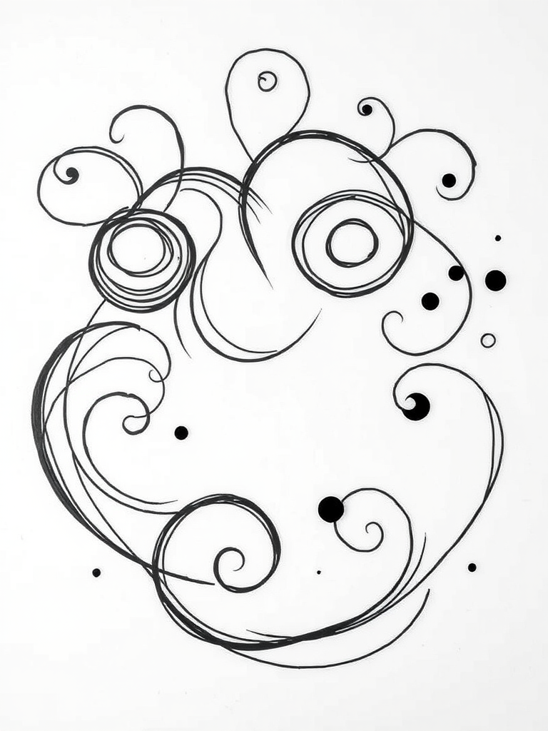 Create a stylized black line drawing of abstract shapes and swirls, studio lighting, f/2.8 aperture, ISO 100, 50mm lens, high resolution, shot from a top-down angle using a digital SLR camera.