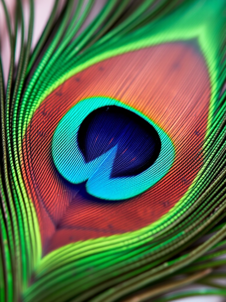 macro shot of a peacock feather focused on the eye pattern, f/2.8 aperture, ISO 100, 1/200 second shutter speed, 100mm lens, natural light, taken with a DSLR camera from a slightly above angle to enhance detail and vibrancy.