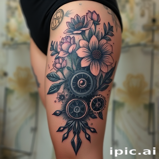 Surrealist body tattoo blending elements of nature and technology on the thigh, featuring biomechanical gears merging with organic flowers in a steampunk-inspired style