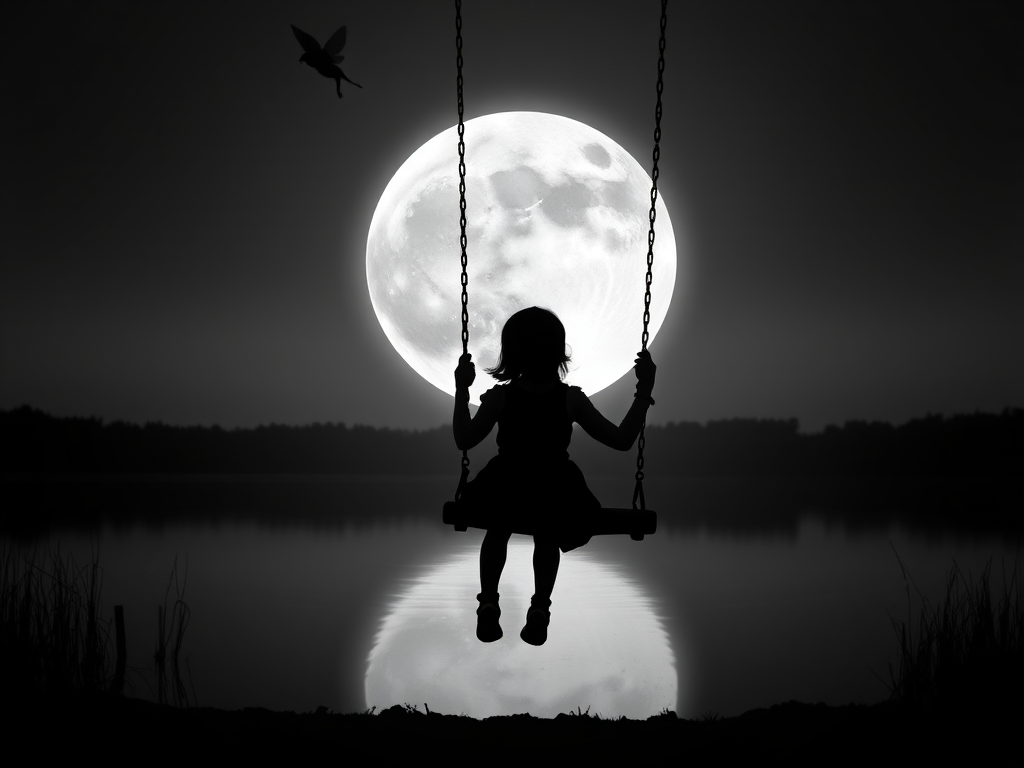 A silhouette of a girl on a swing facing a large, full moon over a calm water surface, with a fairy flying nearby, captured with a DSLR camera at f/2.8, 50mm lens, ISO 100, and a long exposure of 5 seconds, in high contrast black and white with a dreamy aesthetic.