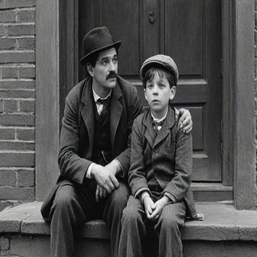 A black-and-white photograph of a man and a child sitting on steps in front of a doorway. The man is dressed as a tramp with a bowler hat, mustache, and ragged clothes, reminiscent of Charlie Chaplin's iconic look. He is sitting with his arms crossed and an expression of slight sadness or frustration. Next to him is a young boy, also in worn clothes and a cap, sitting with his hands clasped, looking thoughtful. The background is an old, textured wall and a partially open door, creating a vintage, early 20th-century atmosphere.