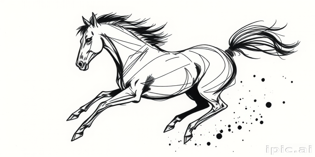 Sketch-style tattoo "Ephemeral Essence" capturing the raw energy of a wild horse in motion using loose, expressive black ink strokes and subtle shading to create a sense of movement