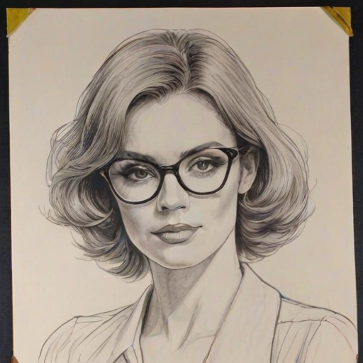 Fascinating Raven Symon', pencil sketch, portrait of Dazzling woman 1973s in glasses, hair style beatnik, outline, clear lines, fine lines, 8k