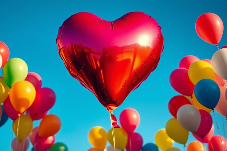 A vibrant heart shaped balloon surrounded by colorful balloons in a clear blue sky, using a Canon EOS 5D Mark IV, f/8 aperture, 50mm lens, ISO 100, HDR style for enhanced color and detail.