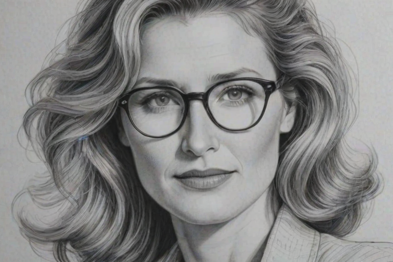 Radiant Laura Dern, pencil sketch, portrait of Attractive woman 1941s in glasses, hair style beatnik, outline, clear lines, fine lines, 8k