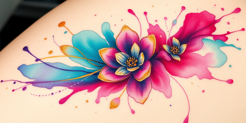 Vibrant watercolor splash tattoo called "Chromatic Cascade" featuring swirling hues of teal, magenta, and gold intertwining to form an abstract floral design with delicate linework accents and subtle white highlights