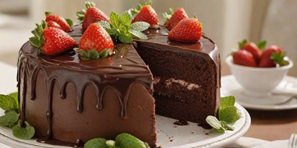 Create an image of a three-layer chocolate cake. The cake should have rich chocolate ganache dripping down the sides, with layers filled with fresh strawberries and whipped cream. Top the cake with whole strawberries and a few mint leaves for garnish. The setting should be elegant, with a soft background that includes floral elements.