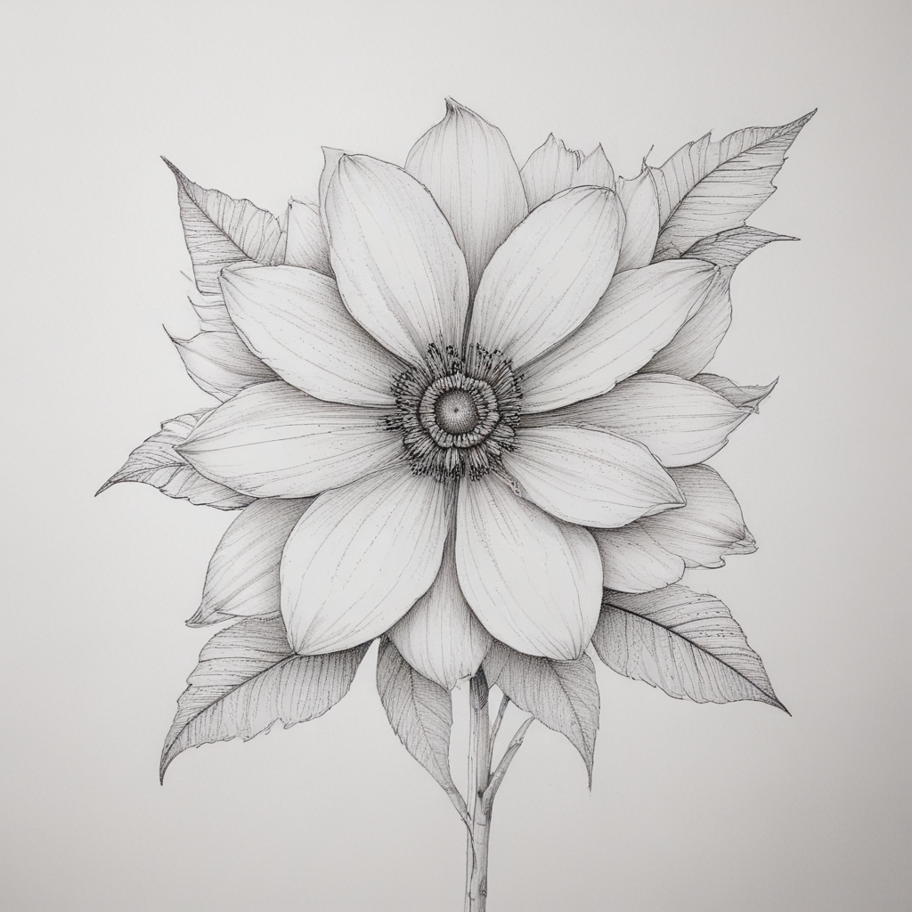 Intricate Pencil Drawing of a Beautiful Flower with Detailed Leaves