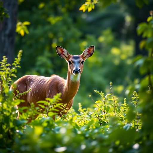 A deer standing amidst lush green foliage in soft morning light, shallow depth of field, ISO 200, f/2.8, 1/250s, 85mm lens, DSLR camera, natural light, focus on the deer with blurred background.