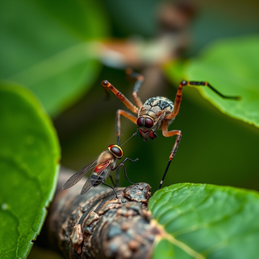 Spectacular photography, 300dpi, digital noise free, extremely clear, ultra-realistic, inside focus, best angle view, with intricate details of a small and tiny fly, standing on a branch of a tree, partially covered with green leaves. A large and majestic spider, flying over the fly, right in front of the spider with its body arched and the sting completely out of its abdomen pointing at the fly's body and prepared in an attacking and aggressive position, stares at it and watches stealthily. Both within focus . Proportion of size. Light of day. National Geographic style