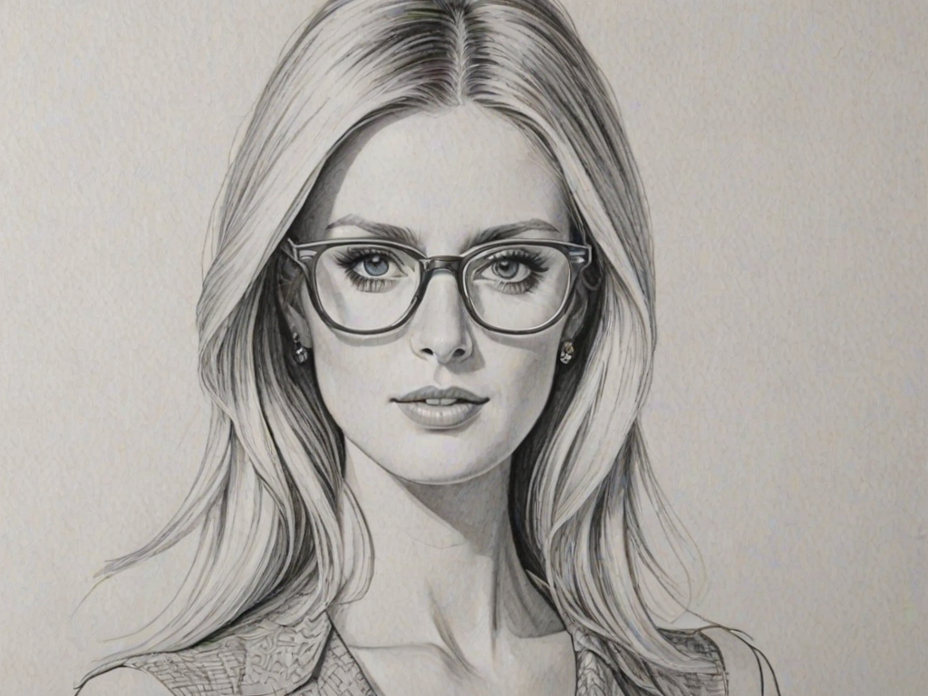 Fetching Nicky Hilton, pencil sketch, portrait of Resplendent woman 1967s in glasses, hair style beatnik, outline, clear lines, fine lines, 8k