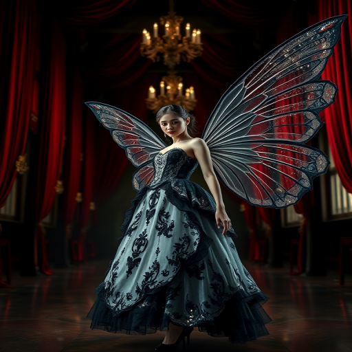 Create an enchanting fairy in a grand, dimly lit hall with deep red curtains, wearing a detailed black and white dress, featuring large shimmering translucent wings, captured with a DSLR camera at f/2.8, ISO 100, 50mm lens, using a portrait style to emphasize the intricate dress and magical ambiance.