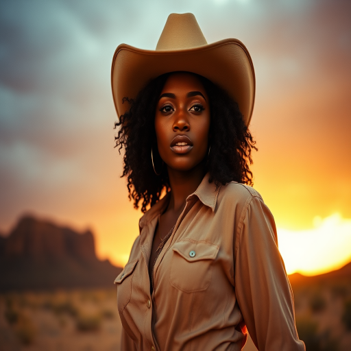 Dramatic photo of a beautiful Afro-Caribbean woman, classic cowboy attire, confident and free spirit expression, half-length portrait, centered, golden hour desert landscape, warm, diffused light, low angle, medium format film camera, in style of Annie Leibovitz.