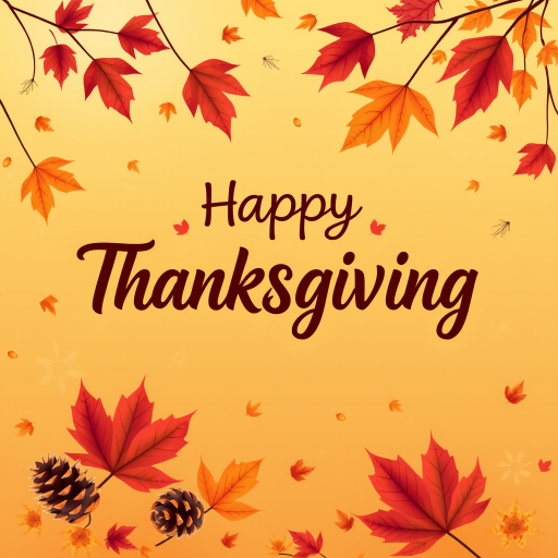 Create a warm and festive autumn-themed image with a gradient background of orange and yellow hues. Include a variety of falling leaves in shades of red, orange, and brown. In the center, display the text "Happy Thanksgiving" in a stylish and inviting font, using a dark brown color for contrast. Add subtle decorative elements like pine cones and additional leaves for a cozy, seasonal feel.