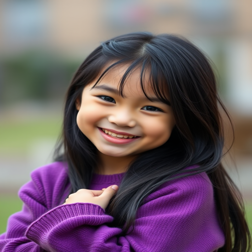 portrait of a joyful young girl with long black hair and a purple sweater, smiling while posing playfully, soft focus background, taken with a Canon EOS R5, 85mm f/1.2 lens, aperture f/2.8, shutter speed 1/200s, natural light, shallow depth of field