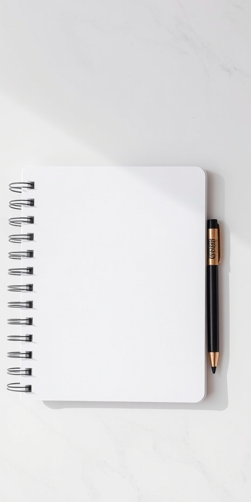 Create an image of a blank spiral notebook lying on a flat surface, captured with a DSLR camera set to ISO 100, aperture f/2.8, shutter speed 1/60 sec, in a top-down view with natural lighting to enhance clarity and detail.