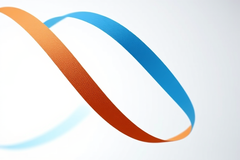 Create a high-resolution vector image of a three-dimensional ribbon-like design featuring blue and brown arrows interwoven, with a soft gradient, shot with a Canon EOS R5 at f/4, ISO 100, 50mm lens, using a soft focus background to emphasize clarity and depth.