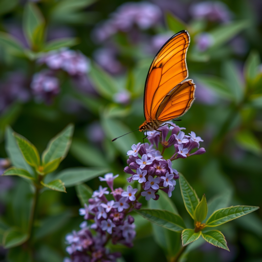 Create an image of an orange butterfly perched on delicate purple flowers, surrounded by lush green leaves. The background should be softly blurred to emphasize the butterfly and the flowers, capturing a serene and natural setting.