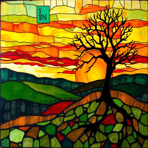 A vibrant abstract painting on Tiffany Glass, blending acrylic and alcohol ink techniques, captures a dramatic sunset over rolling hills. The artwork features a textured, rocky foreground in green and brown, layered abstract hills, and a striking sunset in rich oranges, yellows, and reds. A solitary black tree with intricate branches contrasts against the fiery sky, creating a dynamic and expressive portrayal of a breathtaking natural scene.