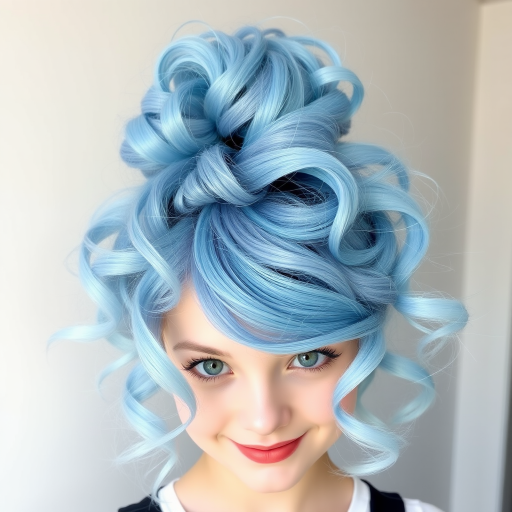 Playful hair style presenting cotton candy blue curls styled in a messy top knot with wispy tendrils framing the face