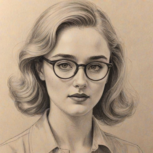 Delightful Kathryn Newton, pencil sketch, portrait of Splendid woman 1931s in glasses, hair style beatnik, outline, clear lines, fine lines, 8k