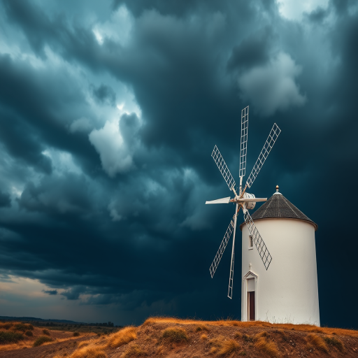 Capture a high-resolution image of a white windmill against a dramatic stormy sky using a DSLR camera, 35mm lens, f/8 aperture, ISO 200, 1/250s shutter speed, in landscape orientation to enhance image quality and detail.