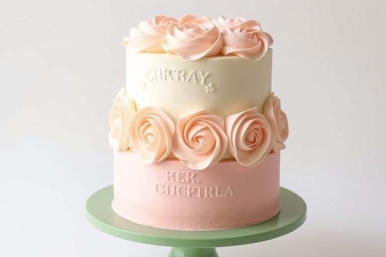 Create an image of a three-layer cake decorated with buttercream frosting designed to look like roses. The top layer should be white, the middle layer should be a soft peach color, and the bottom layer should be light pink. The cake should be displayed on a round green cake stand with a simple background.