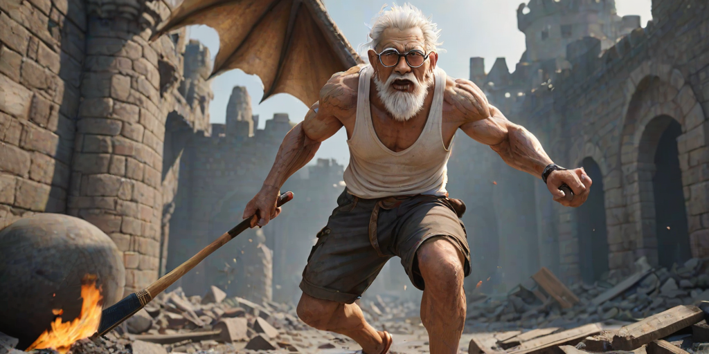 Cartoon 3D High-Resolution,dynamic battle scene using Unreal Engine 5 and Octane Render. The scene features back of an elderly, thai man with a beard,messy hair and round golden-rimmed glasses. He is wearing a tattered tank top with soot marks, shorts, and sandals. sweating. he wields a baseball bat. He jump to fight with a white fire-breathing Europe dragon amidst a partially destroyed stone castle. Include intense flames, smoke, and debris to enhance the dramatic effect.