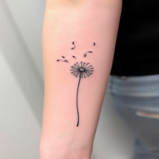 Minimalist fine line tattoo called "Whispered Memories" depicting a delicate silhouette of a dandelion with seeds floating away in the wind, rendered in ultra-thin black lines for a subtle and elegant effect