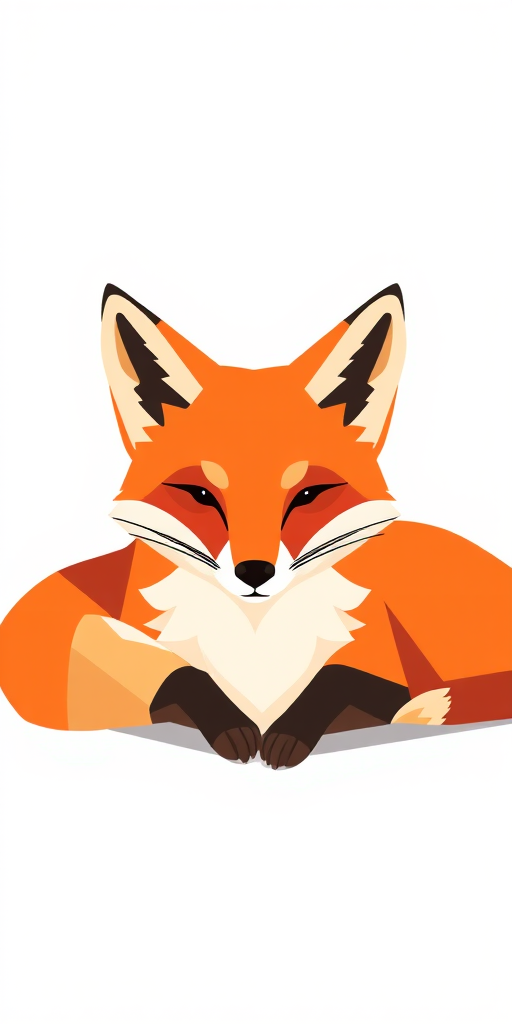 generate an illustration of a stylized fox lying down with geometric shapes and a warm color palette, use a digital drawing technique, 300 dpi resolution, front view, soft lighting, minimalist style
