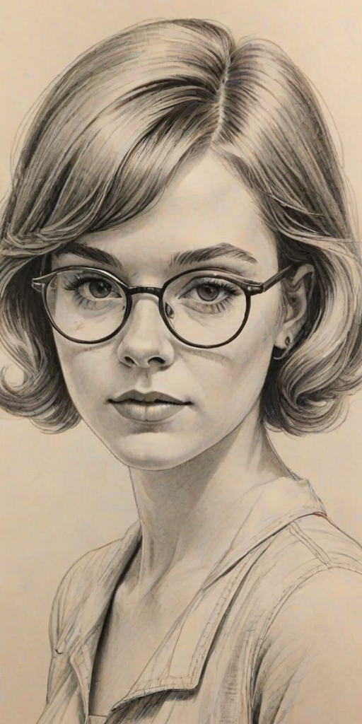 Comely Elsie Fisher, pencil sketch, portrait of Resplendent woman 1958s in glasses, hair style beatnik, outline, clear lines, fine lines, 8k