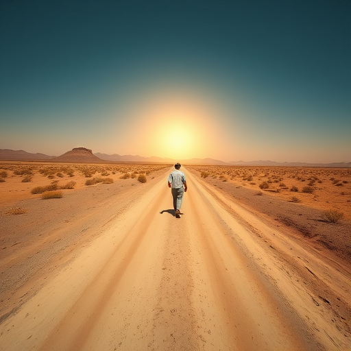 Wide-angle shot of a solitary figure walking on a dirt road through a vast desert landscape, golden hour lighting, ISO 100, f/8 aperture, 1/200 sec shutter speed, captured with a DSLR camera.