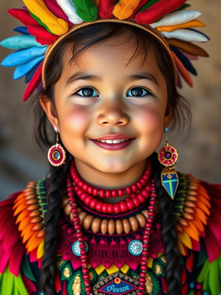 A beautiful Mapuche girl, wearing colorful bird clothing with vibrant colors