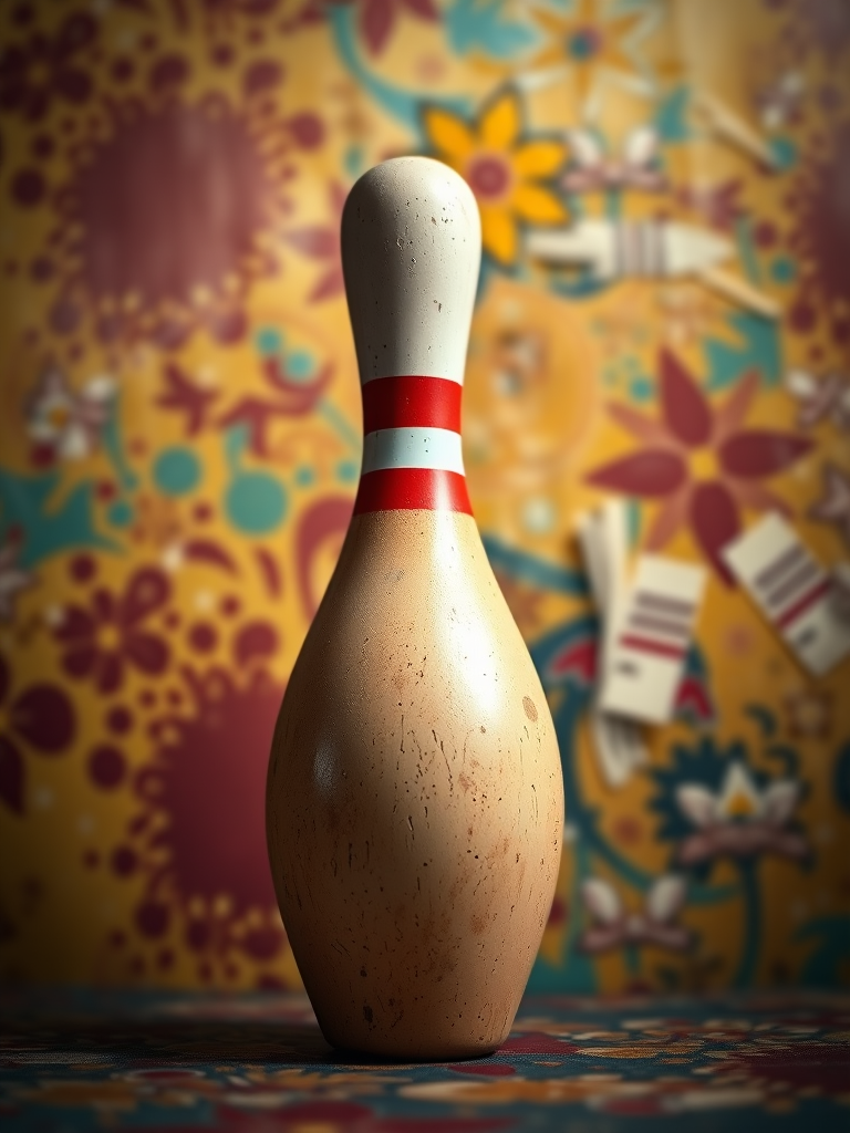 A vintage bowling pin on a textured, colorful background, soft focus, 50mm lens, aperture f/1.8, ISO 100, natural lighting, shallow depth of field, DSLR camera.