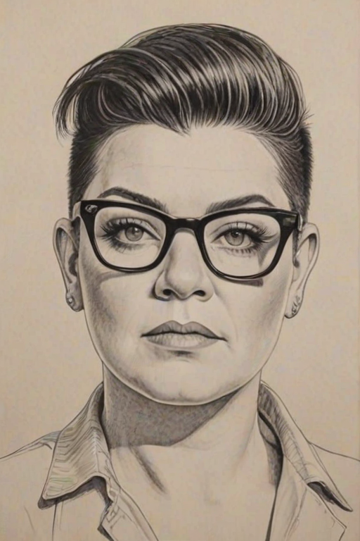 Appealing Lea DeLaria, pencil sketch, portrait of Captivating woman 1931s in glasses, hair style beatnik, outline, clear lines, fine lines, 8k