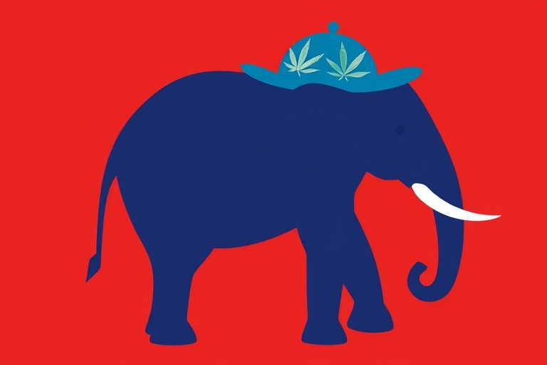 Create an illustration of an elephant silhouette with a blue hat featuring three cannabis leaf designs and a red body, using a digital camera with a focal length of 50mm, aperture set to f/2.8, and a high-resolution setting for enhanced image quality.