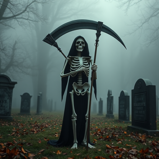 create an ultra-realistic image of a skeleton in a grim reaper outfit holding a scythe standing in a foggy graveyard surrounded by gravestones and autumn leaves; use a Canon EOS R5 camera with a 50mm f/1.2 lens, ISO 100, aperture f/2.8, shutter speed 1/200s, soft diffused lighting for depth and detail.