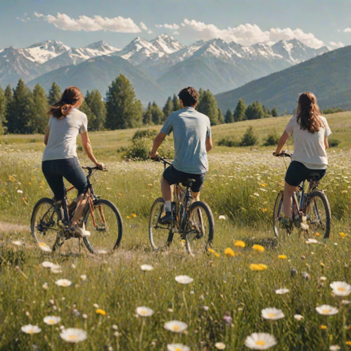 Blurry action shot of a group of friends riding bicycles through a sun-drenched meadow, soft focus on the flowers swaying in the breeze, with distant mountains silhouetted against the clear blue sky.