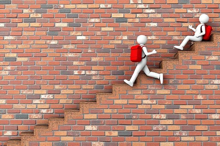 Create a 3D render of two stylized figures with red backpacks climbing over a textured brick wall, using a Canon EOS R5 with a 35mm f/1.4 lens, aperture set to f/8, ISO 100, shot at eye level for a clean and vibrant look.