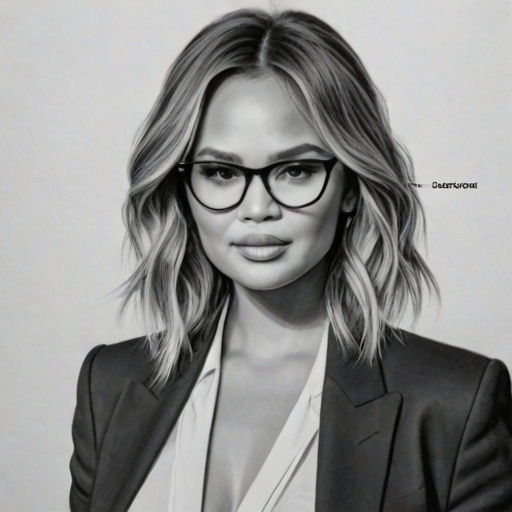 Beauteous Chrissy Teigen, pencil sketch, portrait of Radiant woman 1948s in glasses, hair style beatnik, outline, clear lines, fine lines, 8k