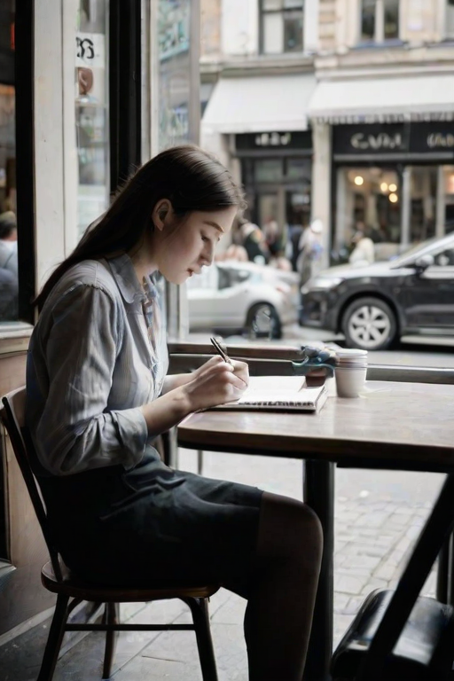 Quiet corner of a bustling cafe, a woman with a notebook sits by the window, sketching the people outside as they rush past on the busy street.