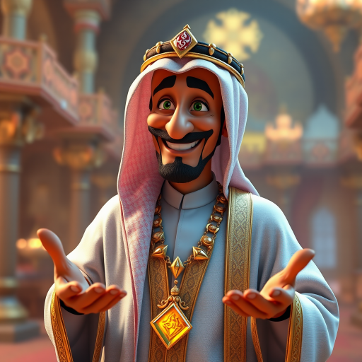 Create a 3D rendering of a wealthy Arab male sheikh from Dubai, inspired by the Disney animation style. The sheikh must have a smile and a playful but wise character. Place your character in an atmosphere of wealth and luxury. The image must be in high resolution format. Dynamic pose above the waist, gesturing with hands (Pixar Art style)++ highly detailed digital painting, art stations, concept art, soft focus, hard focus, illustrations. cinematic, visual effects, HDR, Unreal Engine 5, ray tracing, soft light, 8k, high detail, sparkling backlighting, luxury gem, game art, 3d, cartoon, colorful, magical, mysterious