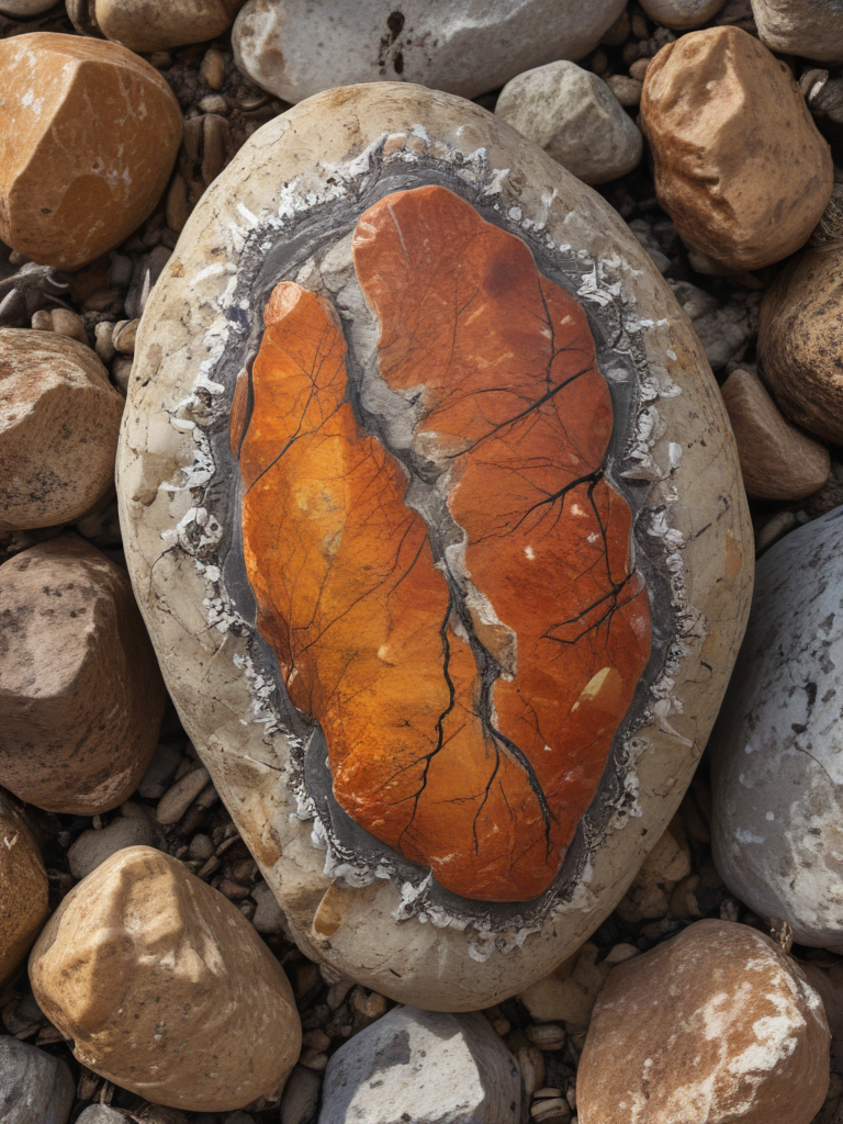 Intricate Patterns on a Colorful Stone Surrounded by Smaller Pebbles