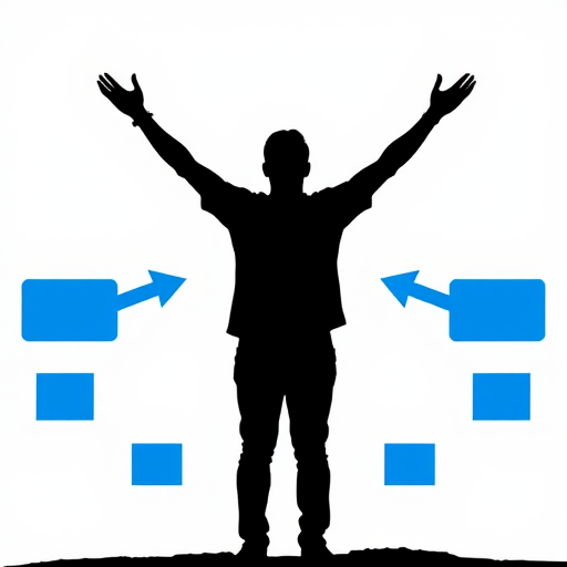 Create an image of a silhouette of a person standing with arms raised, surrounded by blue arrows and rectangular icons, set against a bright background; use a DSLR camera with a 50mm lens, aperture f/1.8, ISO 200, and a slight vignette for emphasis.