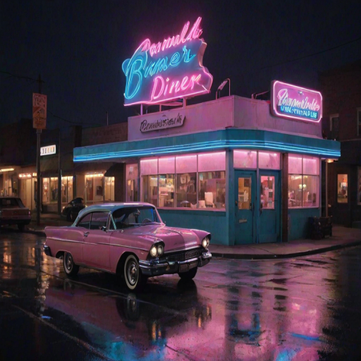 Warmly lit photo of an old-fashioned diner at night, neon signs glowing in soft pink and blue hues, with a classic car parked out front and soft reflections of streetlights on the wet pavement.
