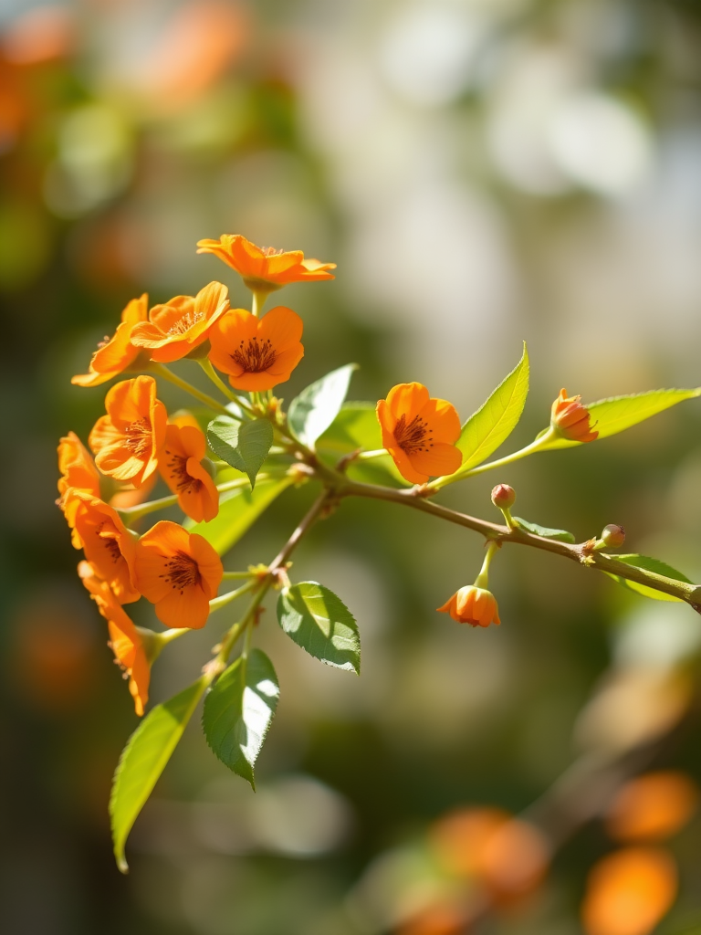 regenerate a high-resolution image of a stylized flower branch with orange round flowers and green leaves, using a DSLR camera, 50mm lens, f/2.8 aperture, ISO 100, shot in natural light, with a shallow depth of field for a soft background effect