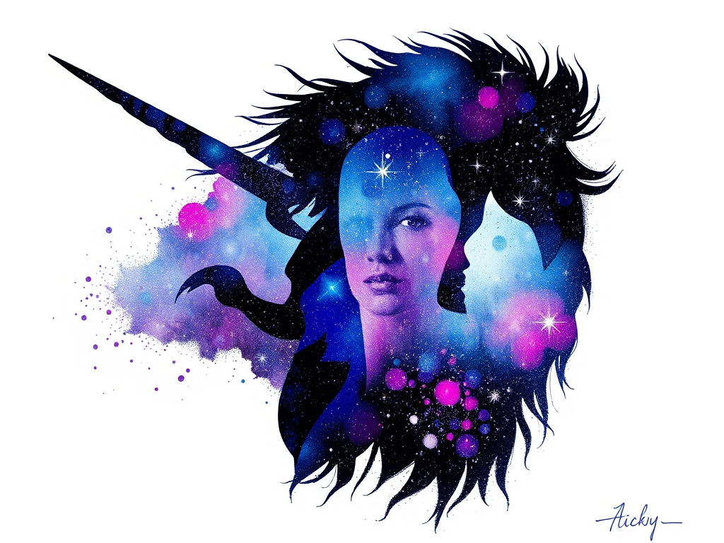 Captivating conceptual render alcohol ink art, double exposure, the paint strokes artfully merge combining a woman's full silhouette with a Unique unicorn's silhouette. The figures are composed of a series of colored dots, lines & spots that evoke the image of a cosmic galaxy, colors are deep shades of blue purple & black with flashes of white & silver representing distant stars. The woman's silhouette is formed within the lion's silhouette from constellations of scattered stars, surreal