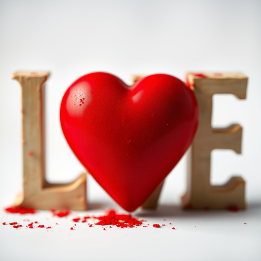 create an abstract image of the word LOVE with a large red heart at the center, using a macro lens on a DSLR camera, aperture set to f/2.8, ISO 100, 50mm focal length, under soft diffused lighting for enhanced clarity and detail