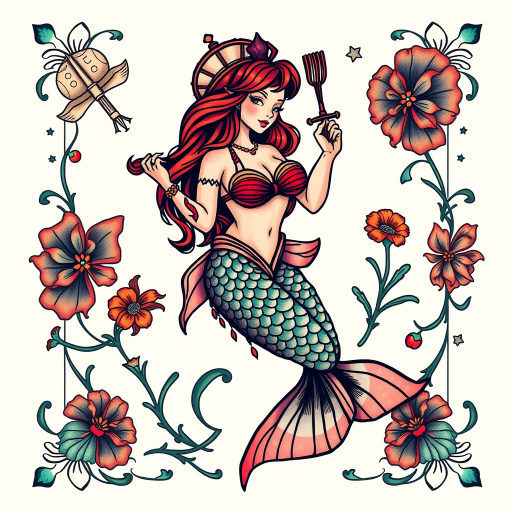 Neo-traditional mermaid tattoo with vivid colors and bold outlines, adorned with nautical elements and art deco-inspired ornamental details for a stunning vintage-inspired design